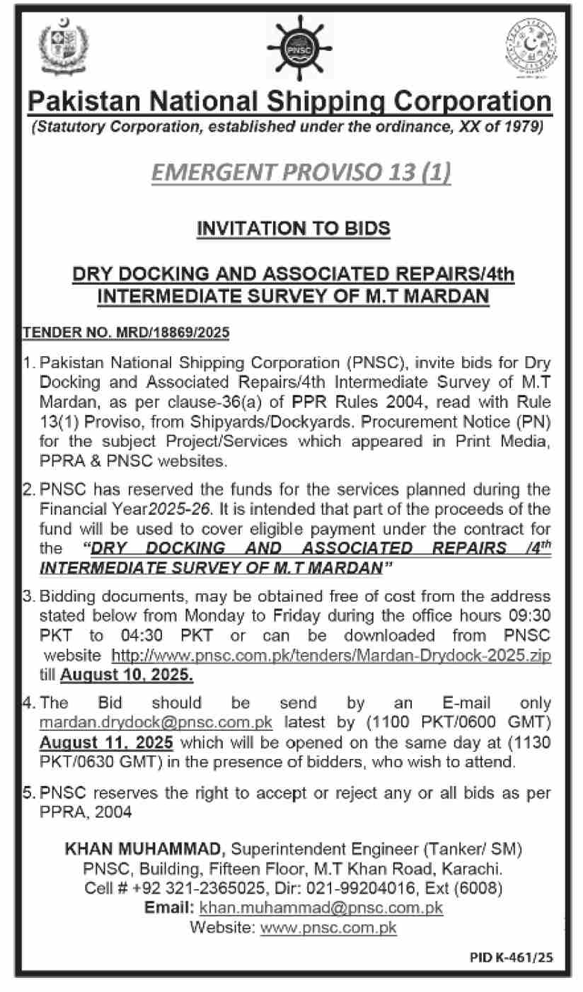Pakistan National Shipping Corporation Tender Notice-1